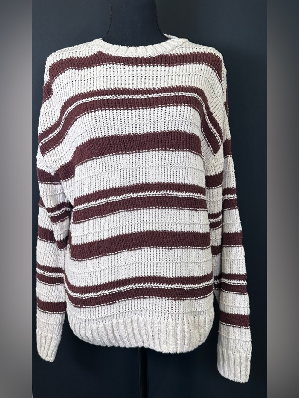 #175- Zara Cream and Brown Striped Crewneck Sweater